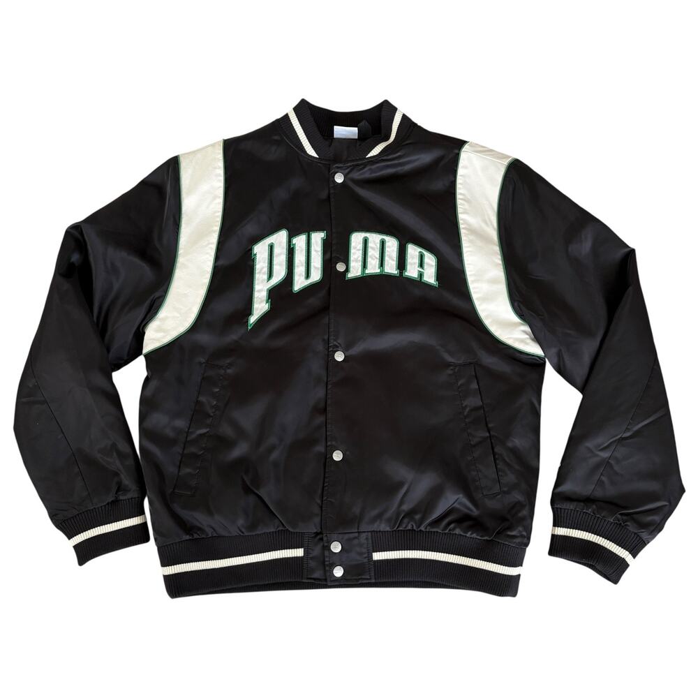 PUMA Varsity Bomber Jacket Y2K Satin Streetwear  Logo Spell Out Snap Button M